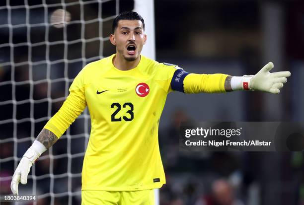 Ugurcan Cakir, goalkeeper of Turkey shouting during the UEFA EURO 2024 European qualifier match between Wales and Turkey at Cardiff City Stadium on...