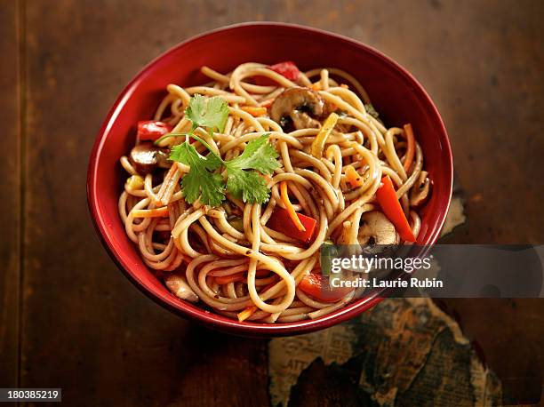 chinese noodles in a red bowl - nouilles photos et images de collection
