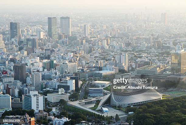 Aerial view of Shibuya area and the Yoyogi national stadium which will host the Handball events during the Tokyo 2020 Olympic Games on September 12,...