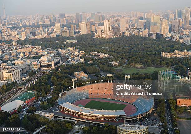 Aerial view of National Olympic Stadium which will host the Opening and closing ceremony, Football, athletics and Rugby events during the Tokyo 2020...