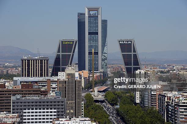 Aerial view of Paseo de la Castellana and skyscrapers from the top of the Europa Tower in Madrid on September 12, 2013. AFP PHOTO / GERARD JULIEN