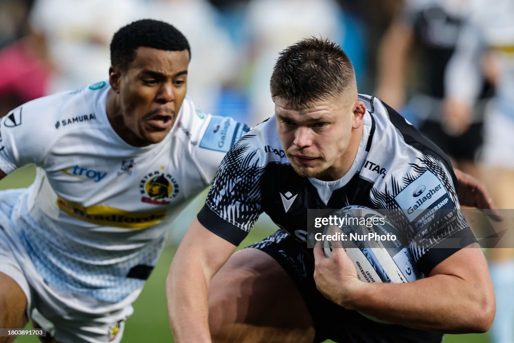 Jamie Hallums Rugby Jamie Blamire of Newcastle Falcons is diving in to score during the ...