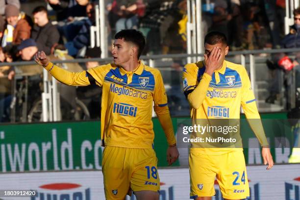 Matias Soule of Frosinone is celebrating after scoring their first goal during the Serie A soccer match between Frosinone Calcio and Genoa CFC at...