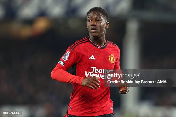 Kobbie Mainoo of Manchester United during the Premier League match between Everton FC and Manchester United at Goodison Park on November 26, 2023 in...