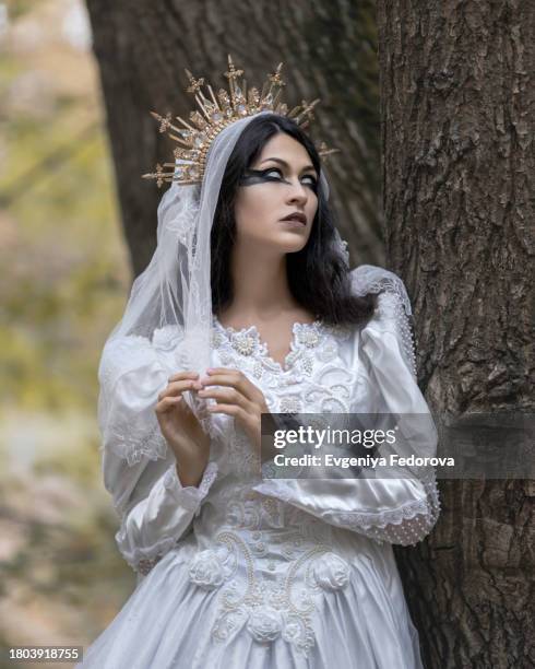 portrait of a ghost bride wearing a crown - ghost bride stock pictures, royalty-free photos & images