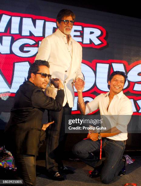 Mika Singh, Amitabh Bachchan and Shaan attend the music launch of film 'Balwinder Singh Famous Ho Gaya' on September 9, 2014 in Mumbai, India