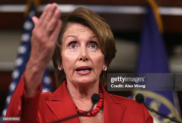 House Minority Leader Rep. Nancy Pelosi speaks to members of the press during a news conference September 12, 2013 on Capitol Hill in Washington, DC....