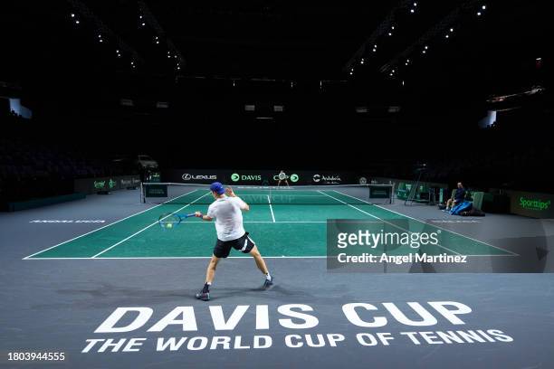 Jack Draper of Great Britain plays a forehand during a practice session ahead of the Davis Cup Final at Palacio de Deportes Jose Maria Martin Carpena...