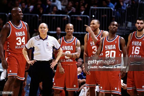 Western Conference All-Stars Shaquille O'Neal, Stephon Marbury, Amare Stoudemire, Gary Payton and Predrag Stojakovic share a light moment prior to...