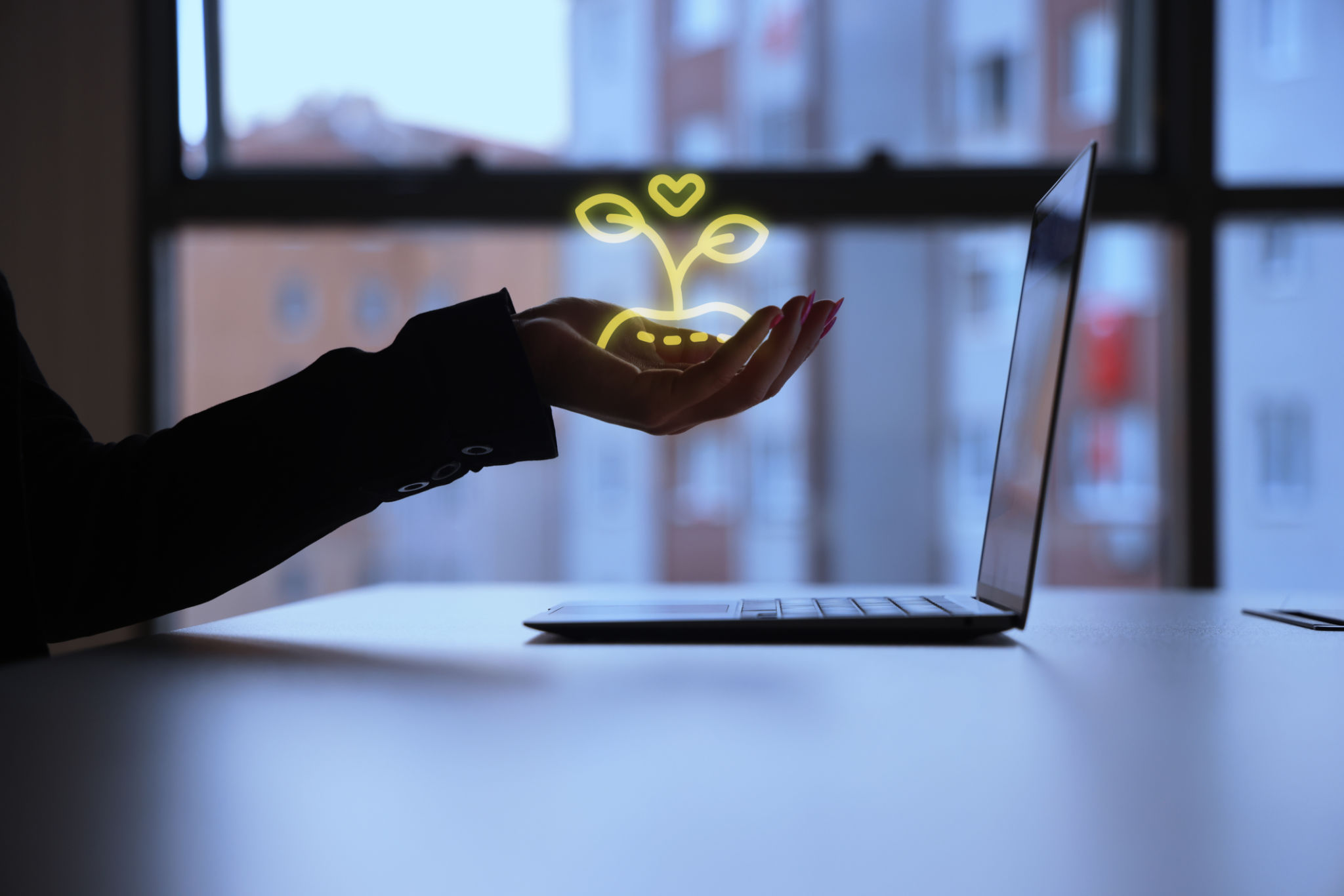 Woman holding apple and leaf icons with laptop Woman holding apple and leaf icons with laptop