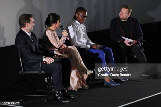 Producer Joe Gebbia, Director Waad Al-Kateab and Cyrille Tchatchet II speak with moderator James Corden during a Q&A following the Premiere screening...