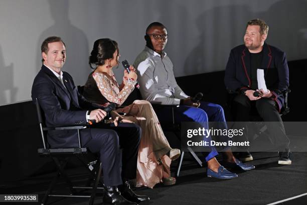 Producer Joe Gebbia, Director Waad Al-Kateab and Cyrille Tchatchet II speak with moderator James Corden during a Q&A following the Premiere screening...