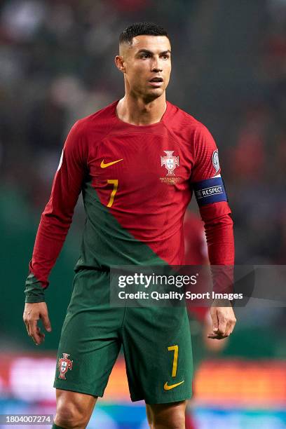 Cristiano Ronaldo of Portugal looks on during the UEFA EURO 2024 European qualifier match between Portugal and Iceland at Estadio Jose Alvalade on...