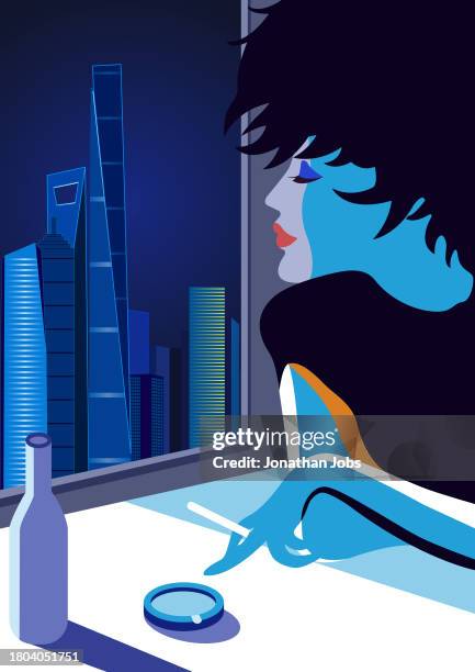 smoking fashionable women looking out the window at the city view - smoking eyes stock illustrations