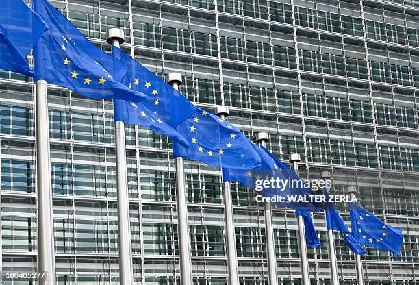 european parliament building, brussels, belgium - bandera de la comunidad europea fotografías e imágenes de stock