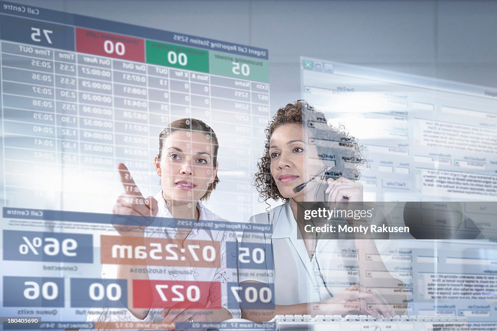Customer service operators looking at interactive screen