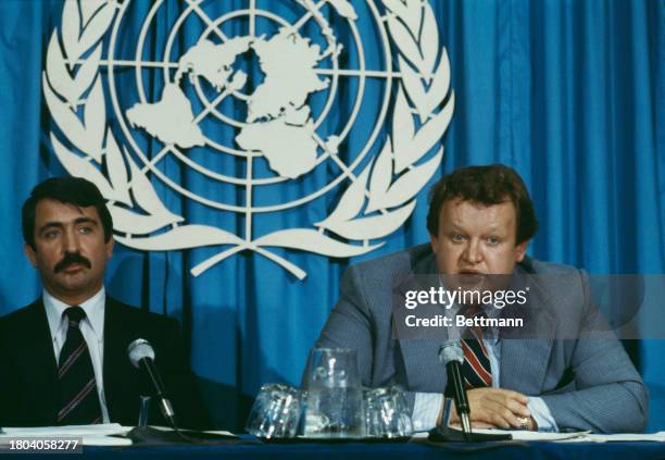 Finnish politician Martti Ahtisaari , the UN Commissioner for Namibia, attending a press conference at the United Nations in New York, August 5th...