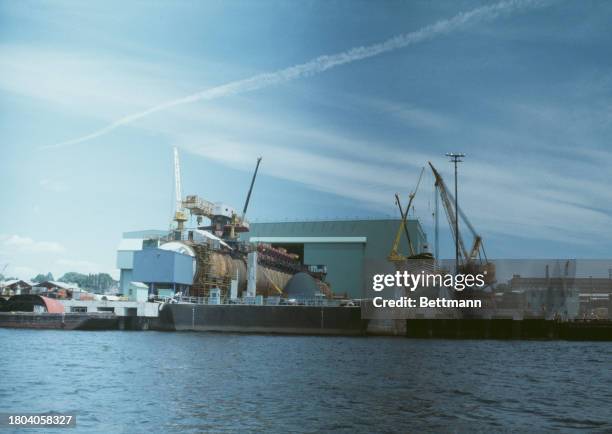 The new guided missile submarine Ohio under construction at the General Dynamics shipyard in Groton, Connecticut, June 16th 1978.