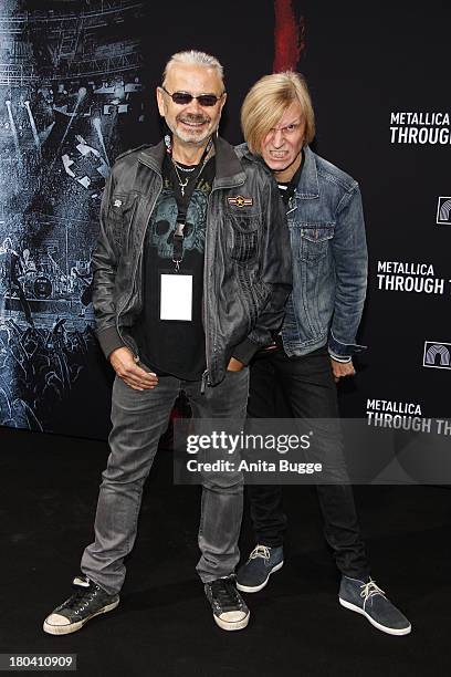 Jaecki Reznizeck and Richie Barton attend the 'Metallica - Through The Never' German premiere at Cinestar Sonycenter on September 12, 2013 in Berlin,...