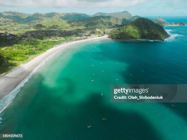 aerial view of selong belanak beach on lombok - mentawai islands stock pictures, royalty-free photos & images