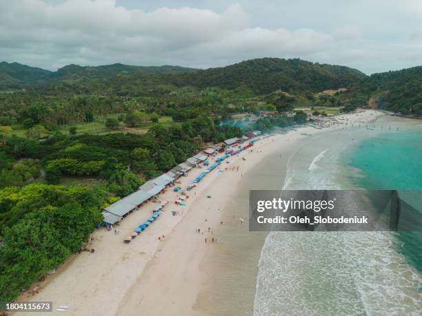 aerial view of selong belanak beach on lombok - mentawai islands stock pictures, royalty-free photos & images