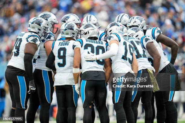 Bryce Young of the Carolina Panthers leads a huddle during an NFL game against the Tennessee Titans at Nissan Stadium on November 26, 2023 in...
