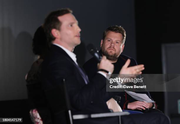 Producer Joe Gebbia speaks during a Q&A as moderator James Corden looks on at the Premiere screening of "We Dare to Dream" at Cineworld Leicester...