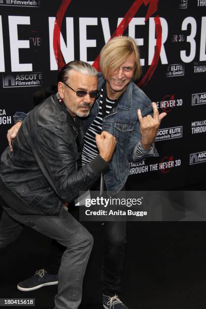 Jaecki Reznizeck and Richie Barton attend the 'Metallica - Through The Never' German premiere at Cinestar Sonycenter on September 12, 2013 in Berlin,...