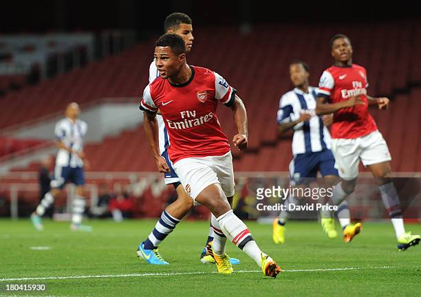 Serge Gnabry of Arsenal U21 celebrates after scoring a goal during the U21 Premier League match between Arsenal U21 and West Bromwich Albion U21 at...