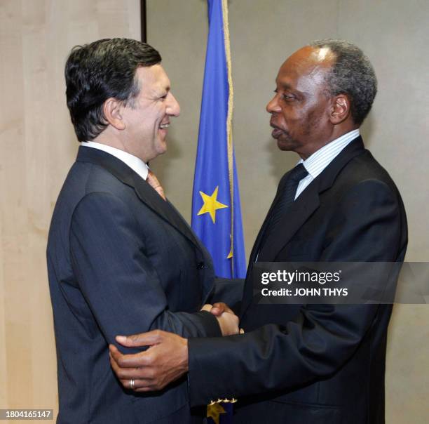 Portuguese Jose Manuel Durao Barroso , chairman of the European Commission, welcomes Mozambican Pascal Mocumbi , High Representative of the European...