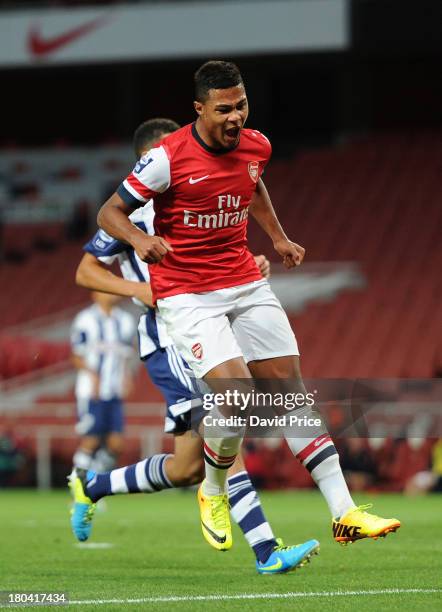 Serge Gnabry of Arsenal celebrates after scoring a goal during the U21 Premier League match between Arsenal U21 and West Bromwich Albion U21 at...