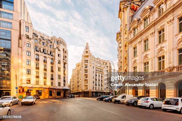art deco style buildings in bucharest old town, romania - bucarest foto e immagini stock