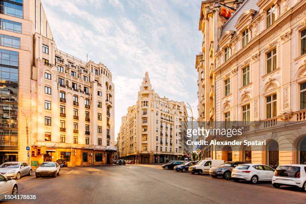 art deco style buildings in bucharest old town, romania - bucharest stock pictures, royalty-free photos & images