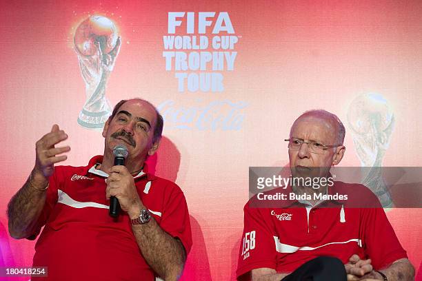Brazilian 1970 FIFA World Cup Champion Rivelino and Zagallo attend a press conference at the official launch of the Global FIFA World Cup Trophy Tour...