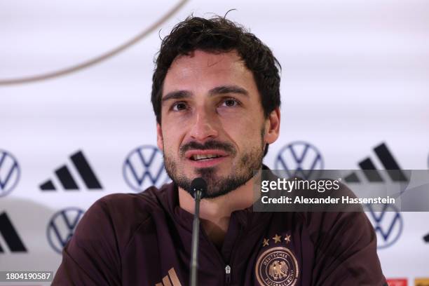 Mats Hummels of Germany talks to the media during a DFB Press Conference at Ernst Happel Stadion on November 20, 2023 in Vienna, Austria.