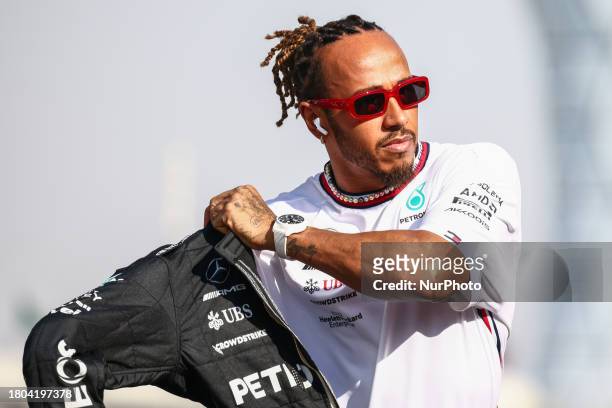 Lewis Hamilton of Mercedes ahead of Formula 1 Abu Dhabi Grand Prix at Yas Marina Circuit on November 26, 2023 in Abu Dhabi, United Arab Emirates.
