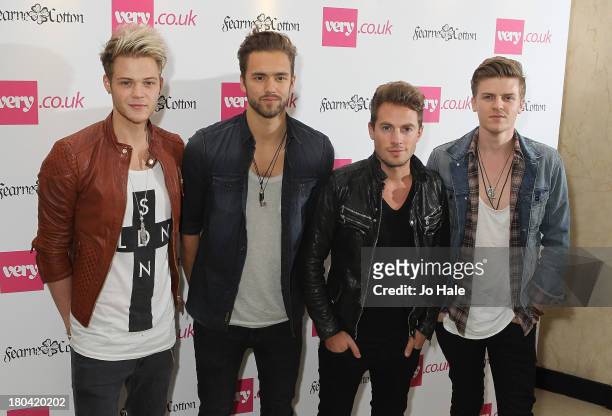 Andy Brown, Ryan Fletcher, Joel Peat and Adam Pitts of Lawson attend the launch party for the Very.co.uk SS14 collection at Claridges Hotel on...