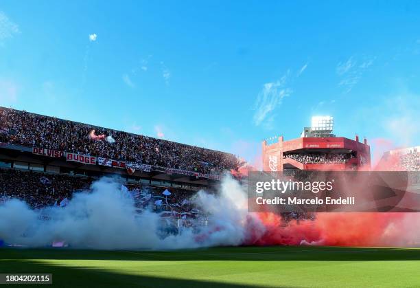 Fans of River Plate cheer for their team prior a match between River Plate and Instituto as part of group A of Copa de la Liga Profesional 2023 at...