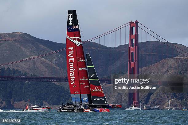 Emirates Team New Zealand skippered by Dean Barker takes practice before the start of race six of the America's Cup finals against Oracle Team USA...