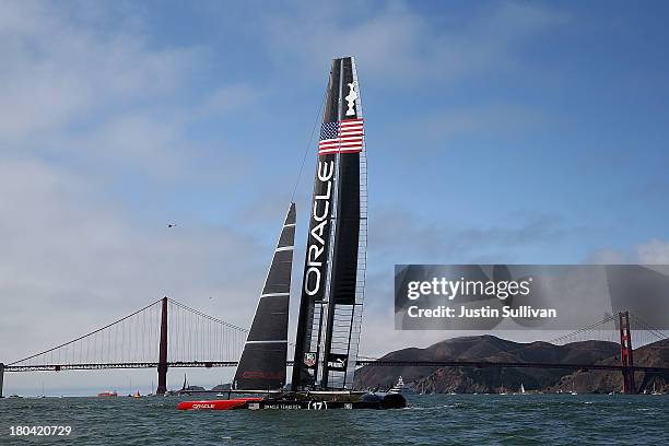 Oracle Team USA skippered by James Spithill takes practice before the start of race six of the America's Cup finals against Emirates Team New Zealand...