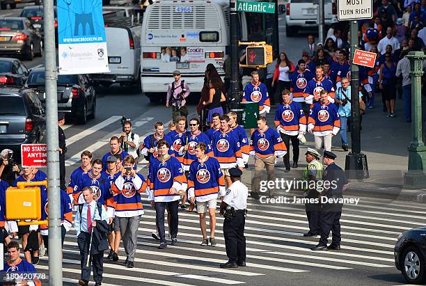 New York Islanders players arrive to training camp sessions at the Barclays Center on September 12, 2013 in the Brooklyn borough of New York City.