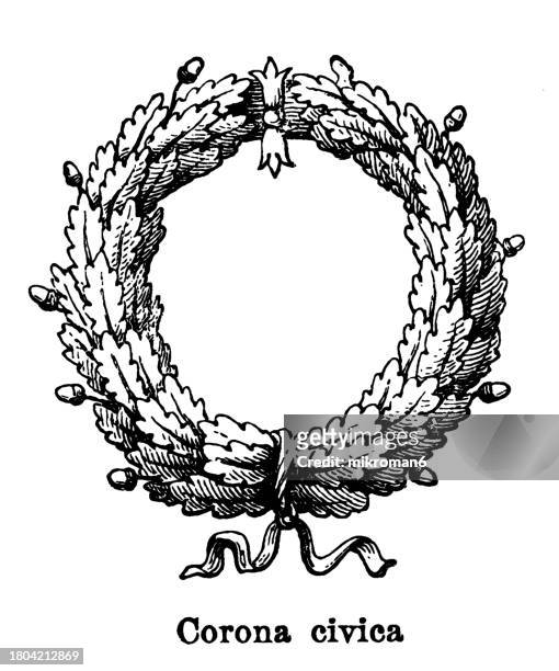 old engraving illustration of the civic crown, a military decoration during the roman republic and the subsequent roman empire, given to romans who saved the lives of fellow citizens - civic stock pictures, royalty-free photos & images