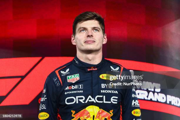 Max Verstappen of Red Bull Racing is seen on the podium after winning Formula 1 Abu Dhabi Grand Prix at Yas Marina Circuit on November 26, 2023 in...