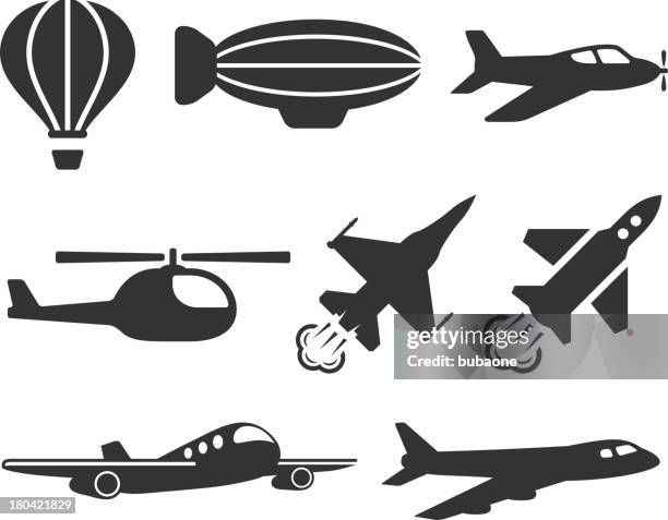 aviation and flight vehicles black & white vector icon set - fighter plane pilot stock illustrations