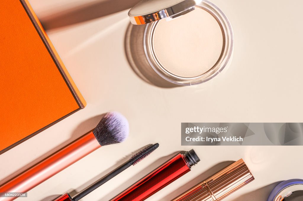 Holidays Collage with Gift Box and Cosmetics Make-up Products for a woman.