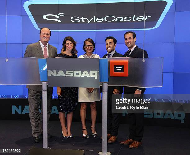 David Wicks, Laurel Pinson, Cynthia Rowley, Ari Goldberg and David Goldberg ring the closing bell at the NASDAQ MarketSite on September 12, 2013 in...