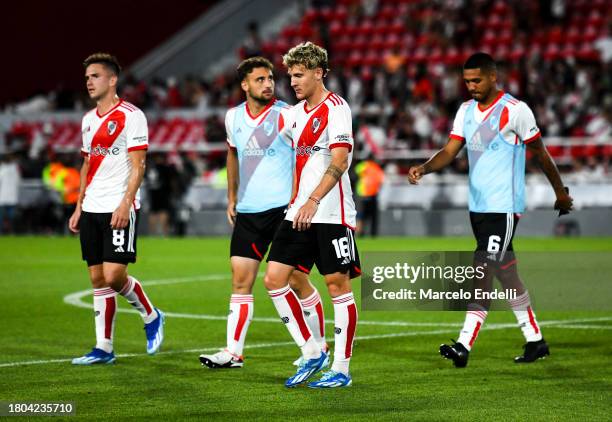 Facundo Colidio of River Plate leaves the pitch with teammates after a match between River Plate and Instituto as part of group A of Copa de la Liga...