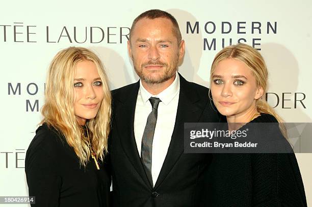 Mary-Kate Olsen, makeup artist Tom Pecheux and Ashley Olsenattends the Estee Lauder "Modern Muse" Fragrance Launch Party at the Guggenheim Museum on...