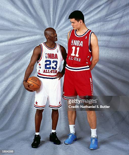 Yao Ming of the Western Conference All-Stars and Michael Jordan of the Eastern Conference All-Stars pose for a portrait prior to the 52nd NBA...