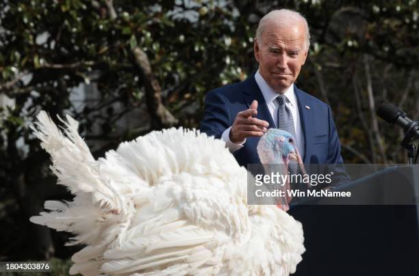 President Joe Biden pardons the National Thanksgiving turkey Liberty during a ceremony on the South Lawn of the White House on November 20, 2023 in...